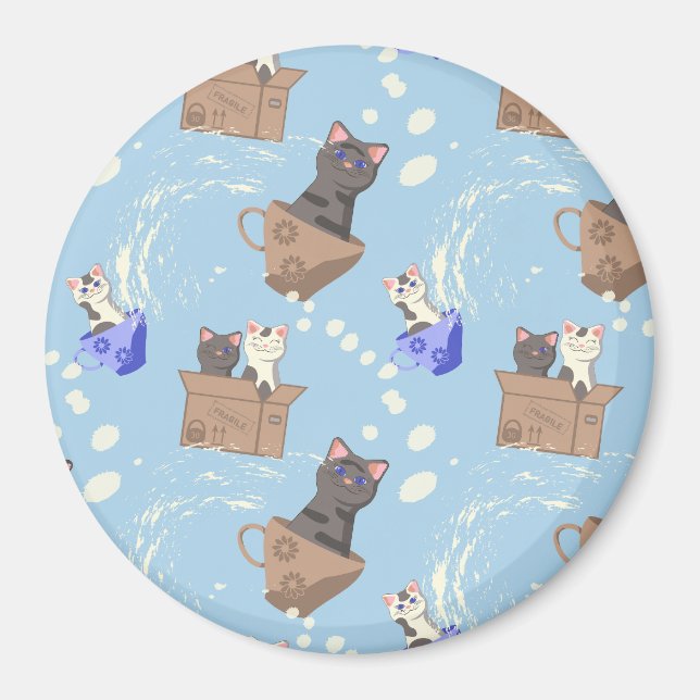 Cats in box and milk drops on blue magnet (Front)