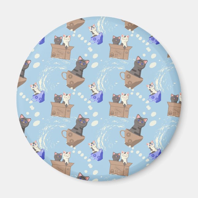 Cats in box and milk drops on blue magnet (Front)