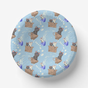 Cats in box and milk drops on blue paper plate