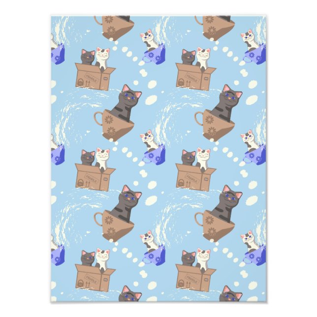 Cats in box and milk drops on blue photo print (Front)