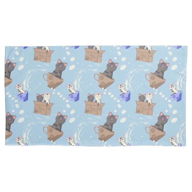 Cats in box and milk drops on blue pillowcase (Front-Left)