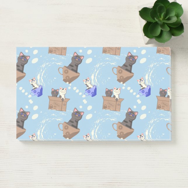Cats in box and milk drops on blue post-it notes (Office)