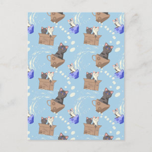 Cats in box and milk drops on blue postcard