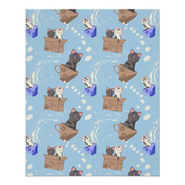 Cats in box and milk drops on blue poster (Front)