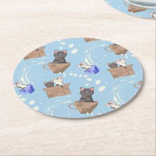 Cats in box and milk drops on blue round paper coaster