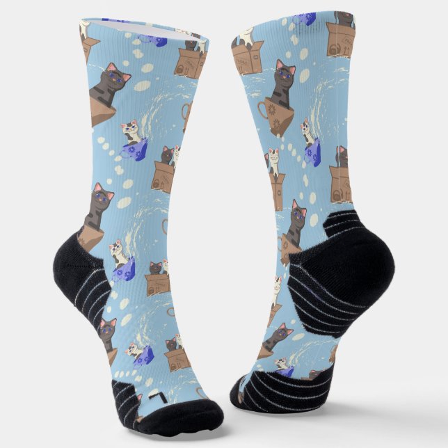 Cats in box and milk drops on blue socks (Angled)