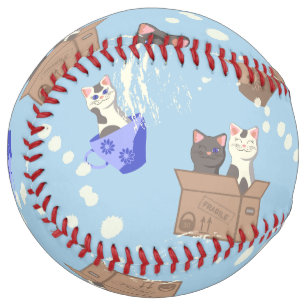 Cats in box and milk drops on blue softball
