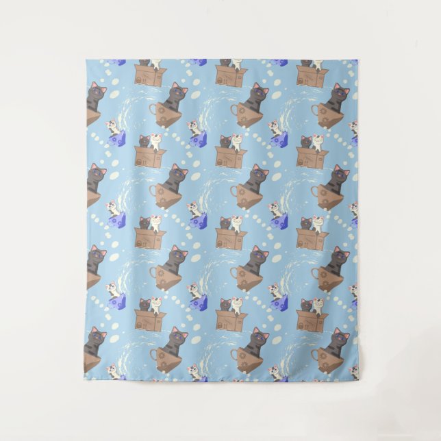 Cats in box and milk drops on blue tapestry (Front)