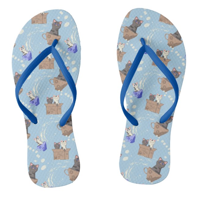 Cats in box and milk drops on blue thongs (Footbed)