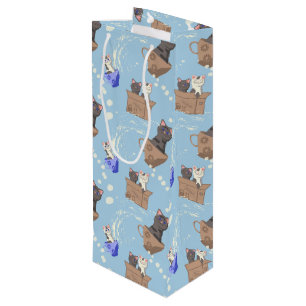 Cats in box and milk drops on blue wine gift bag