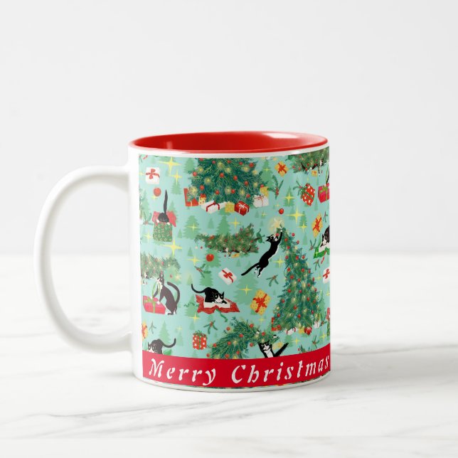 Cats in Christmas Trees Custom Two-Tone Coffee Mug (Left)