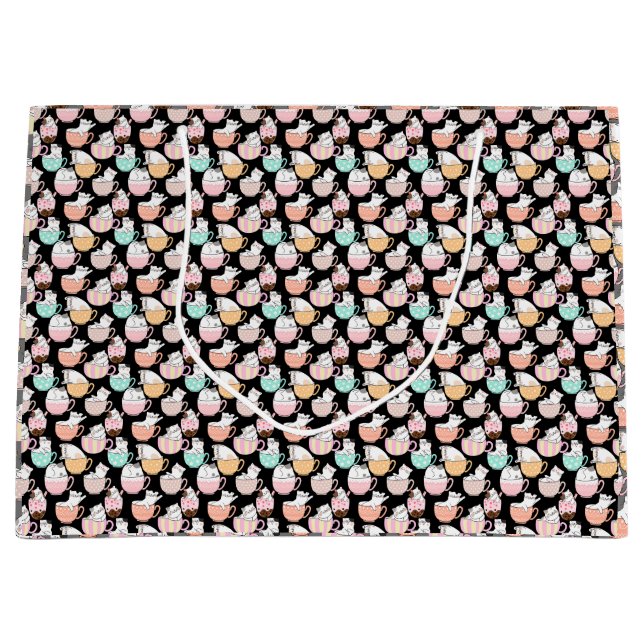 Cats in coffee cups 01. Black BG Large Gift Bag (Front)