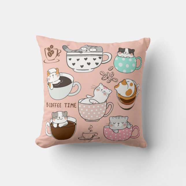 Cats in Coffee Cups Cushion (Front)