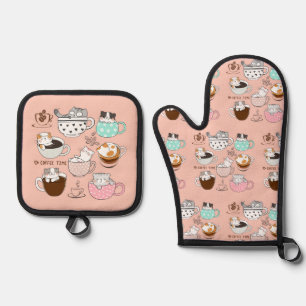 Cats in Coffee Cups Oven Mitt & Pot Holder Set