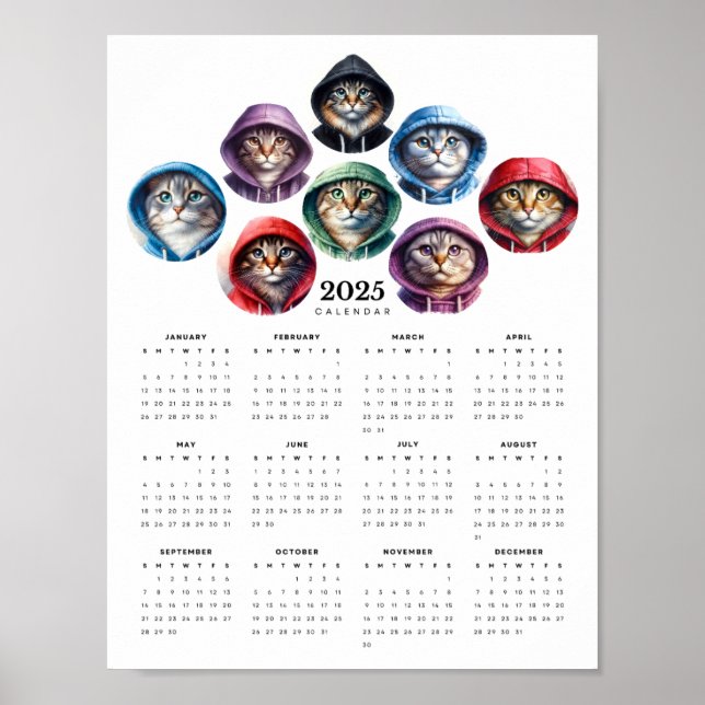 Cats in Colourful Hoodies Circular Calendar  Poster (Front)