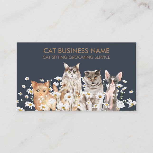 Cats in Daisies, Cute for Pet Sitter Cat Groomer Business Card (Front)