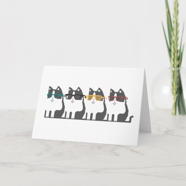 Cats In Glasses Row Pixel Art Greeting Card (Front)