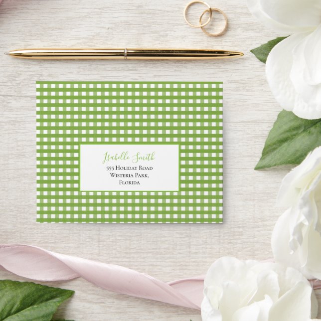 Cats In Love Green White Gingham RSVP Wedding Envelope (Wedding)