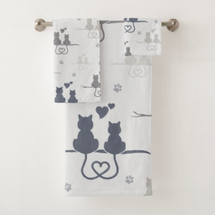 Cats in Love Modern Animal Silhouette Pattern Bath Towel Set