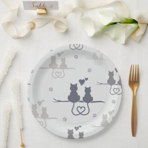 Cats in Love Modern Animal Silhouette Pattern Paper Plate