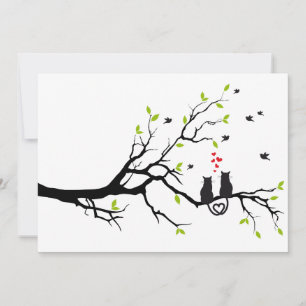 Cats in love on tree with red hearts