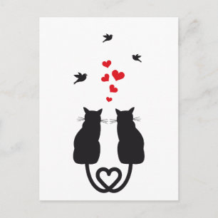 cats in love with hearts and birds postcard