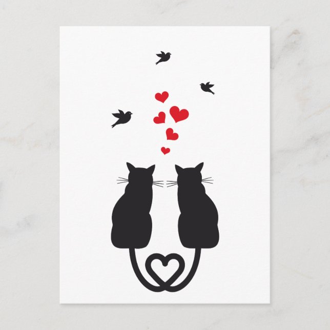 cats in love with hearts and birds postcard (Front)