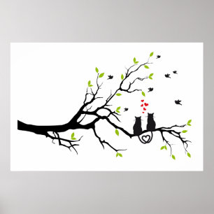 Cats in love with red hearts on spring tree poster