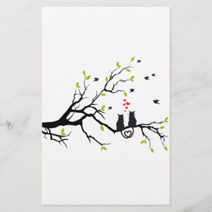 Cats in love with red hearts on spring tree stationery