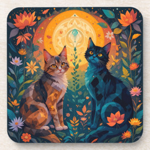 Cats in Nature Scene with Geometric Elements Coaster