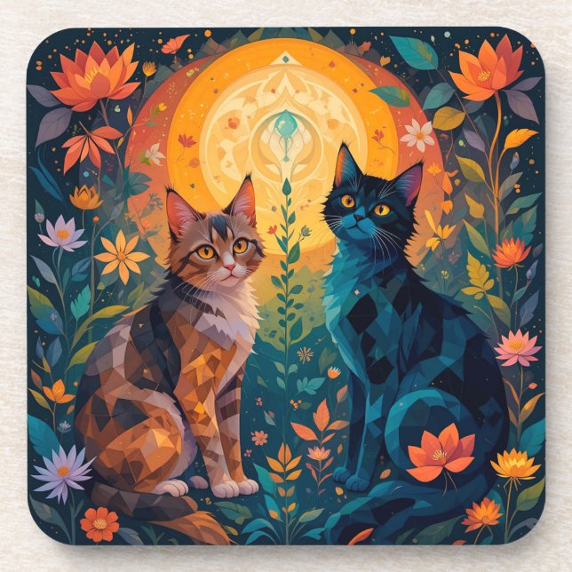 Cats in Nature Scene with Geometric Elements Coaster (Front)
