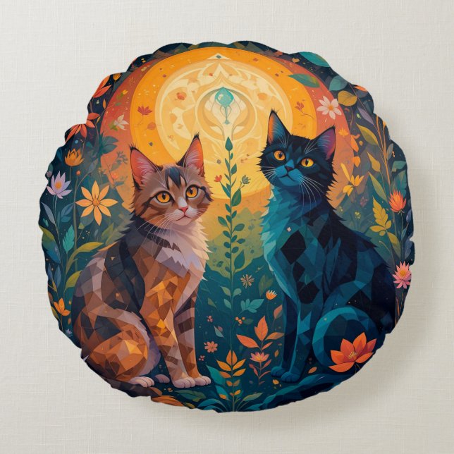 Cats in Nature Scene with Geometric Elements Round Cushion (Front)