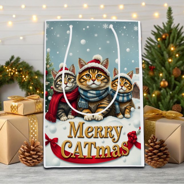 Cats in Preppy Winter Attire and Hats Christmas Medium Gift Bag (Creator Uploaded)