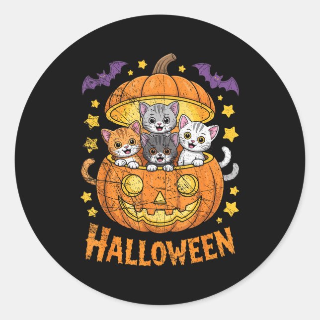 Cats In Pumpkin Cute Halloween Kitties Funny  Classic Round Sticker (Front)