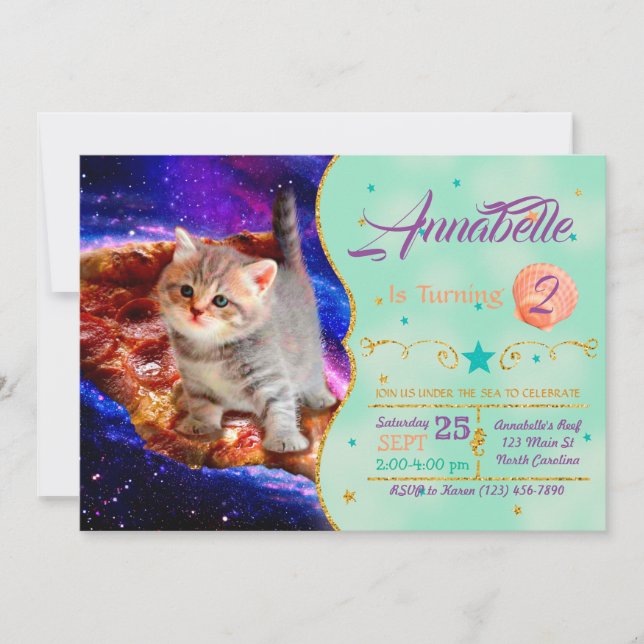 Cats in space pizza invitation (Front)