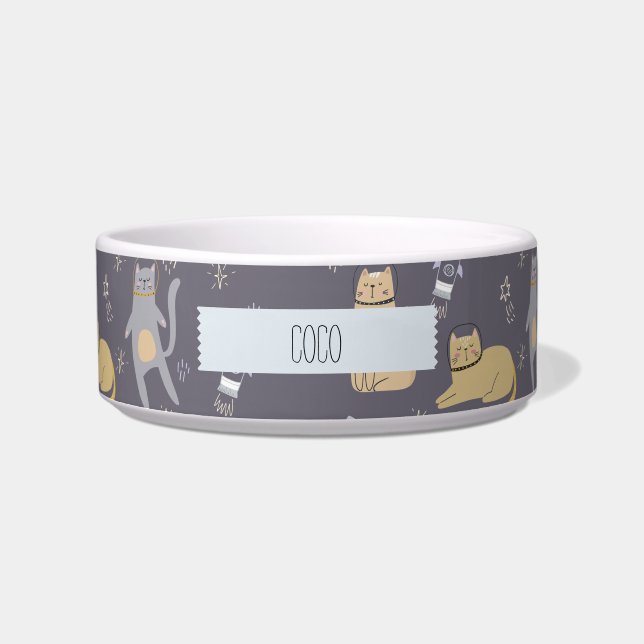 Cats in Space Seamless Pattern Custom Name Bowl (Front)