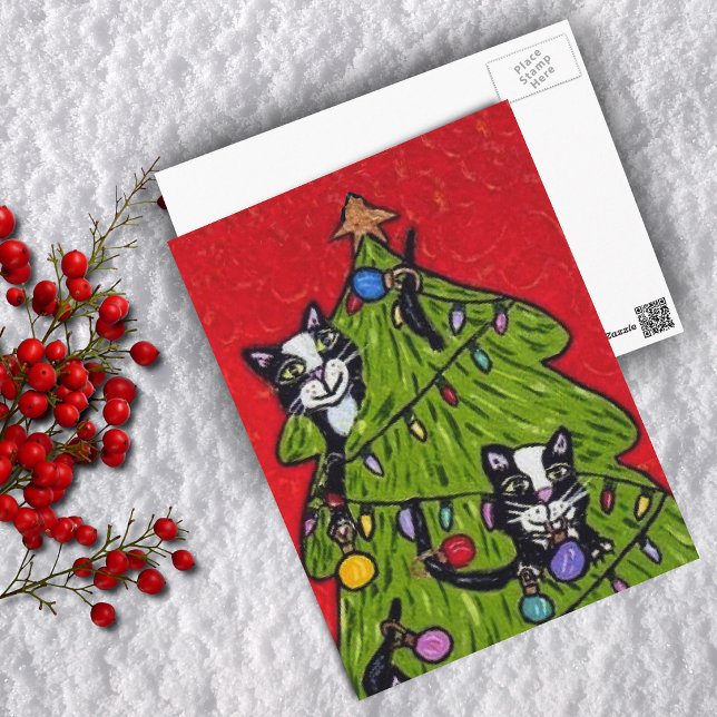 Cats in the Christmas Tree Postcard (Naughty cats climbing in Christmas tree on red Merry Christmas postcard.)