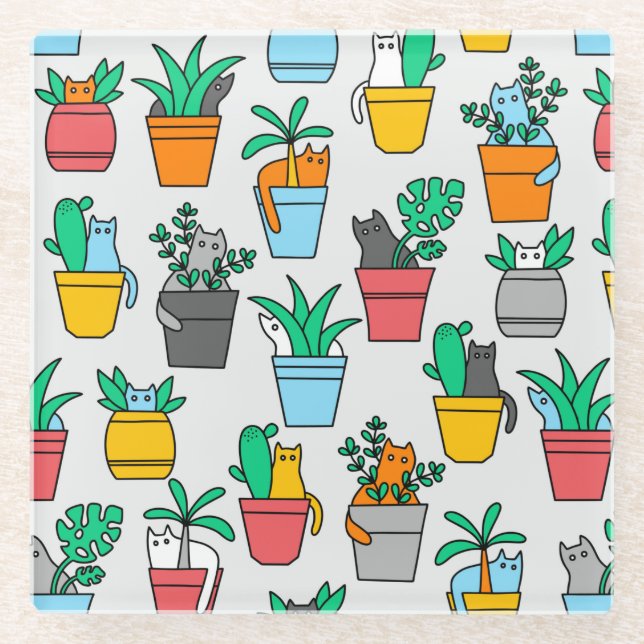 Cats in the flowerpots glass coaster (Front)