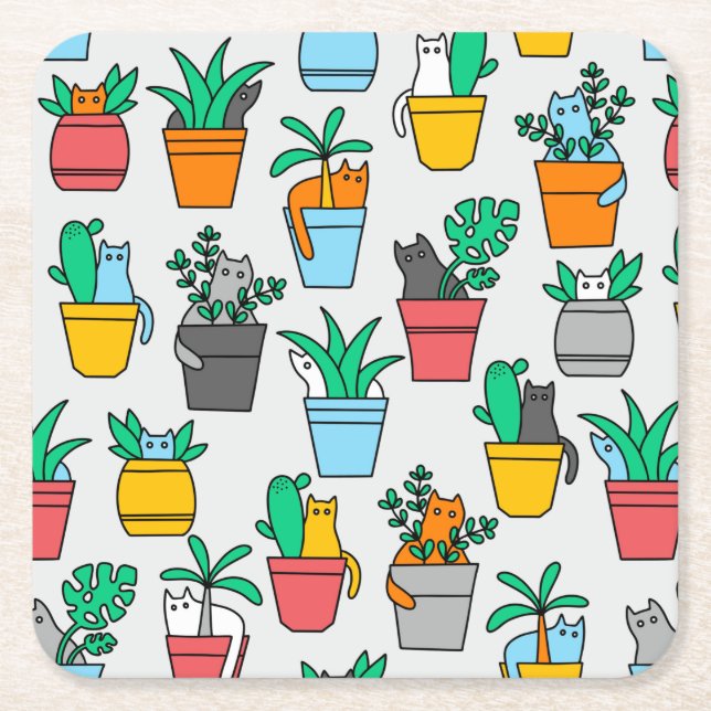 Cats in the flowerpots square paper coaster (Front)