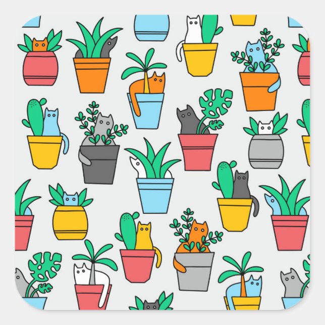 Cats in the flowerpots square sticker (Front)