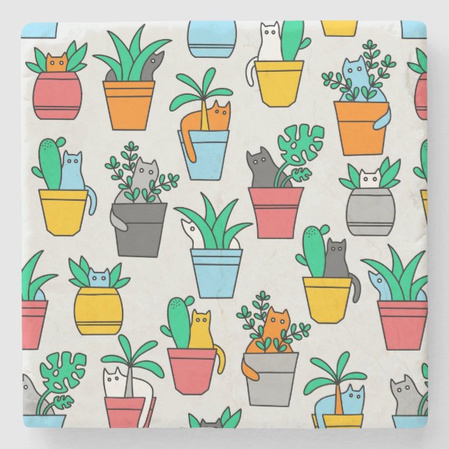 Cats in the flowerpots stone coaster (Front)