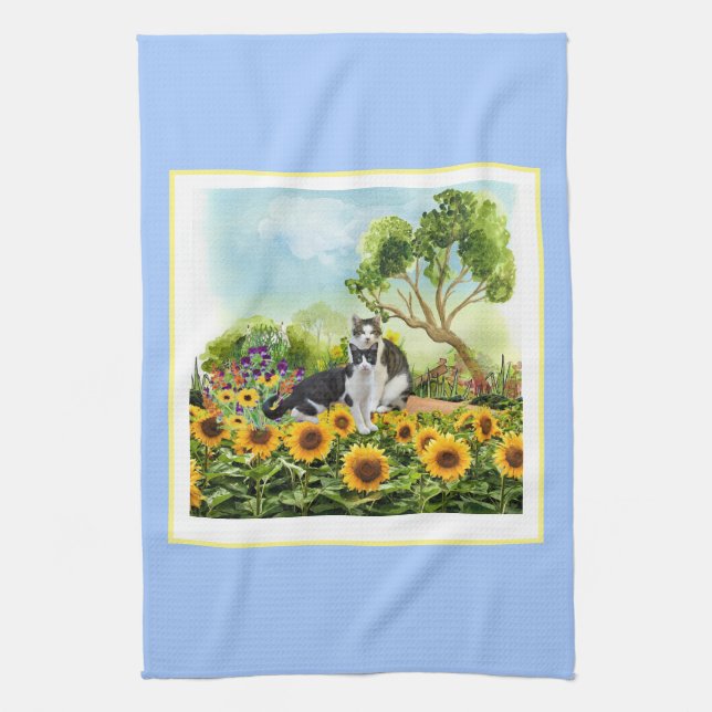 Cats in the Sunflower Garden / Cat Lovers Tea Towel (Vertical)