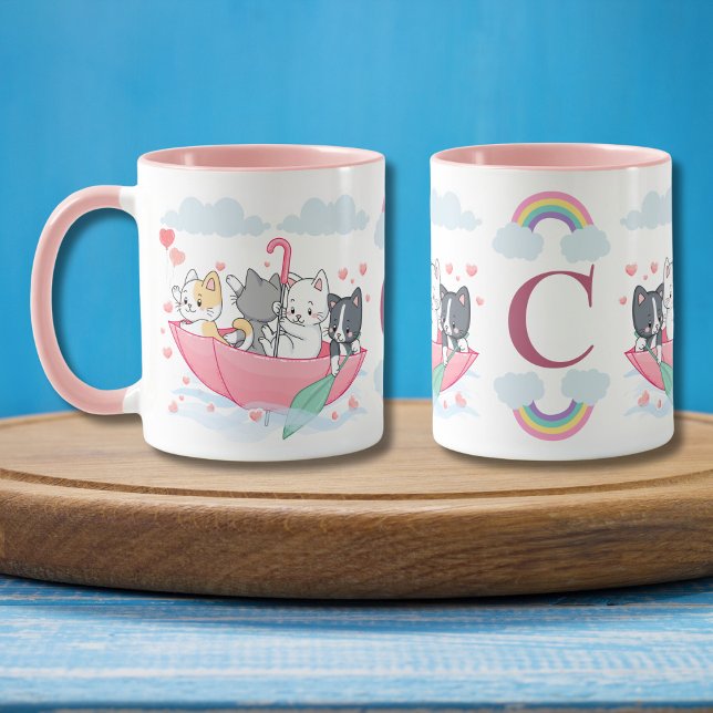 Cats in the Umbrella Boat with Hearts Monogram Mug (Creator Uploaded)