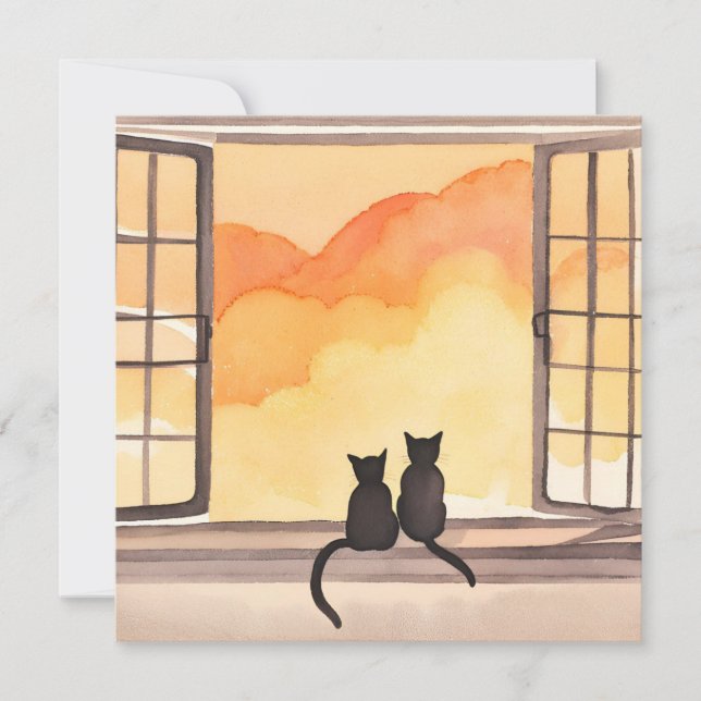 Cats in Window | Sunset Watercolor Silhouette Card (Front)