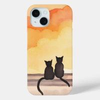 Cats in Window | Sunset Watercolor Silhouette