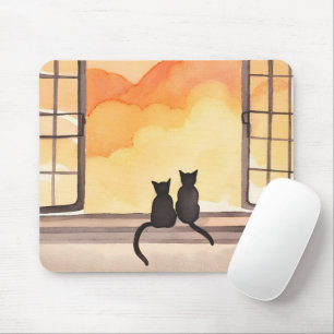 Cats in Window Sunset Watercolor Silhouette Mouse Pad
