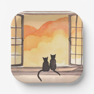 Cats in Window   Sunset Watercolor Silhouette Paper Plate