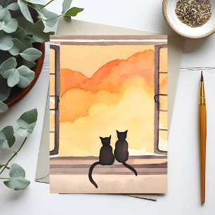 Cats in Window   Sunset Watercolor Silhouette Postcard