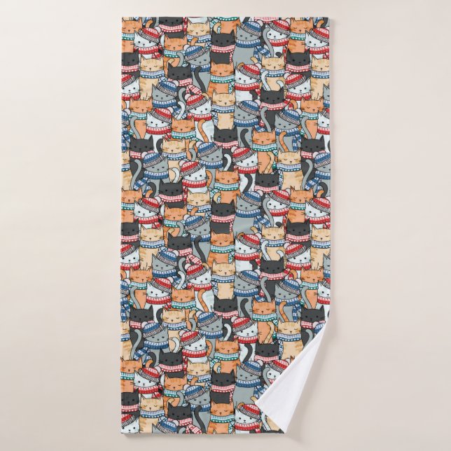 Cats in Winter Scarves & Hats Pattern Bath Towel (Bath Towel)