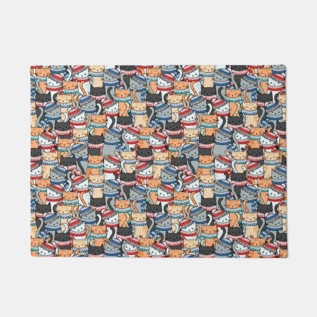 Cats in Winter Scarves & Hats Pattern Doormat (Front)